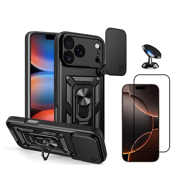Kit Vidro + Capa Magnetic Slide Window + Suporte Magnético PHONECARE Para Apple iPhone 18 Pro - Preto