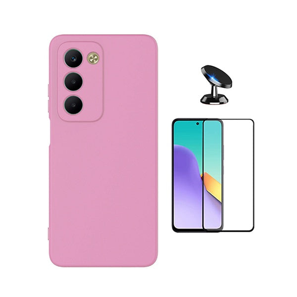 Kit Vidro Temperado + Capa Silicone Líquido + Suporte Magnético PHONECARE Para Xiaomi Redmi 15 - Rosa