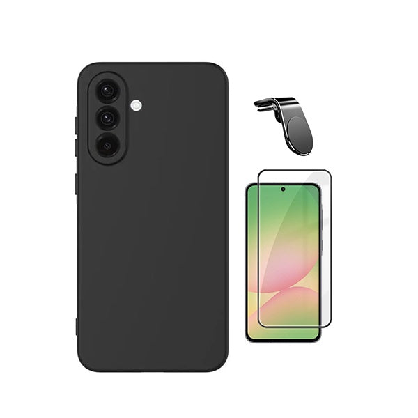 Kit Vidro Temperado + Capa Silicone Líquido + Suporte L PHONECARE Para Samsung Galaxy A37 5G - Preto