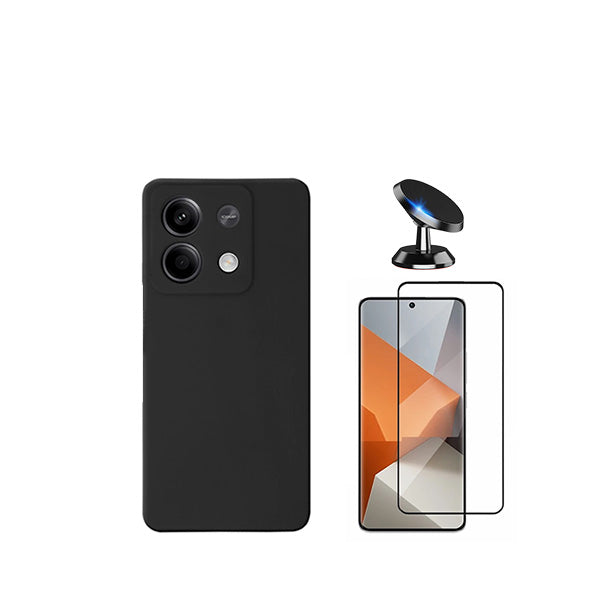 Kit Vidro Premium Full Cover + Capa Silicone Líquido + Suporte Magnético de Carro para Xiaomi Redmi Note 13 Pro - Preto