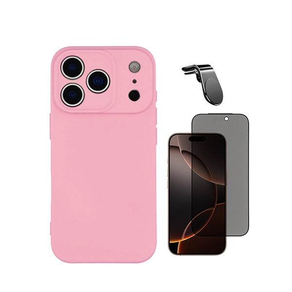 Kit Vidro Anti-Spy + Capa Silicone Líquido + Suporte Magnético L PHONECARE Para Apple iPhone 18 Pro Max - Rosa
