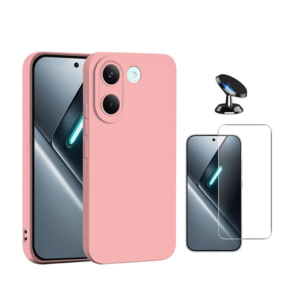 Kit Vidro Clearglass + Capa Silicone Líquido + Suporte Magnético PHONECARE Para Xiaomi Poco X8 Pro 5G - Rosa