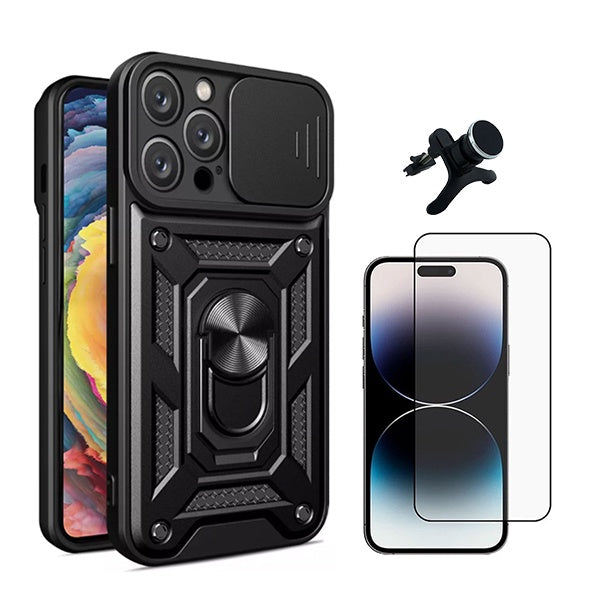 Kit Vidro Premium Full Cover + Capa Magnetic Military Defender Slide + Suporte Magnético de Carro Reforçado para Apple iPhone 16 Pro - Preto