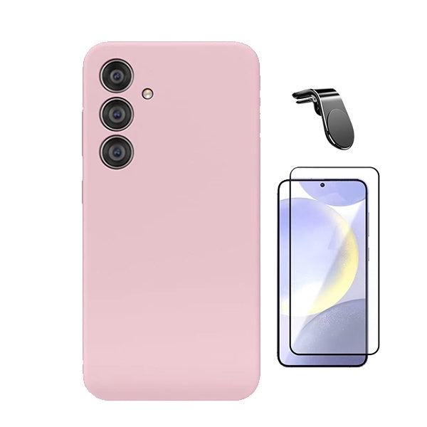 Kit Vidro Temperado + Capa Silicone Líquido + Suporte L Phonecare Para Samsung Galaxy S25 + Plus - Rosa