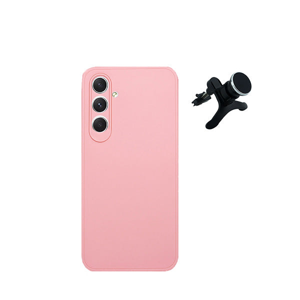 Kit Suporte Magnético Reforçado de Carro + Capa Silicone Líquido para Samsung Galaxy A05s - Rosa