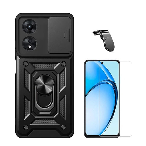 Kit Vidro Clearglass + Capa Magnetic Military Defender Slide Window + Suporte Magnético L Safe Driving Carro para Oppo A60 - Preto