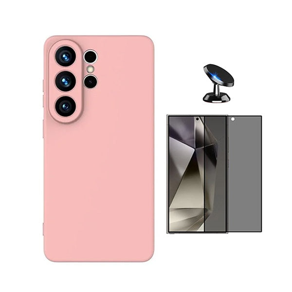 Kit Vidro Anti-Spy + Capa Silicone Líquido + Suporte Magnético PHONECARE Para Samsung Galaxy S26 Ultra - Rosa