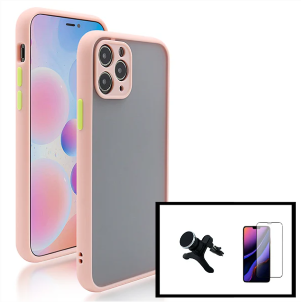 Kit Capa Anti Choque Camera Protection + Película 5D Full Cover + Suporte Magnético Reforçado de Carro para Apple iPhone 13 Pro Max - Rosa