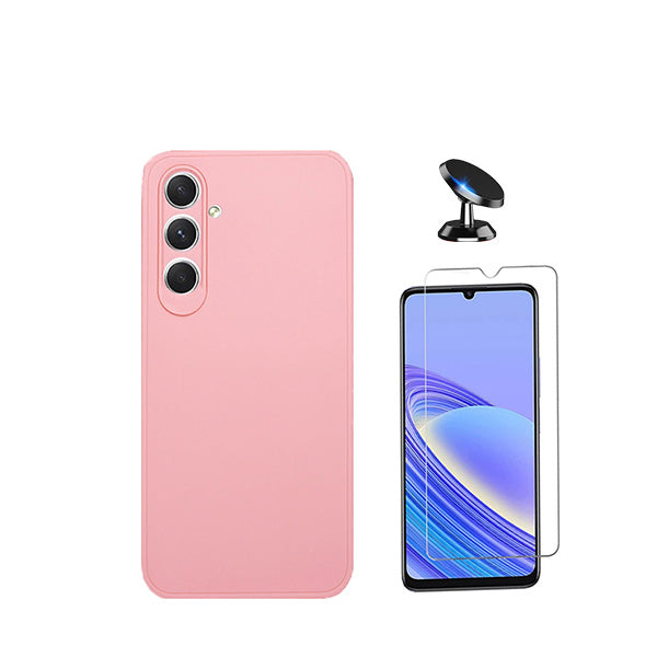 Kit Vidro Clearglass + Capa Silicone Líquido + Suporte Magnético de Carro para Samsung Galaxy M15 5G - Rosa