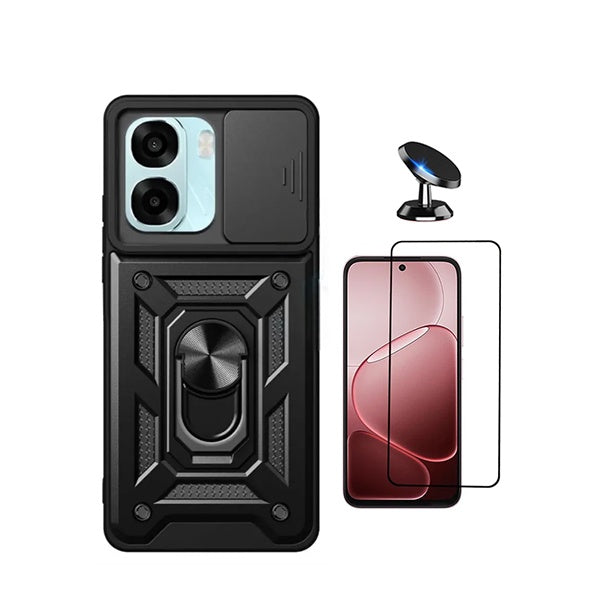 Kit Vidro + Capa Magnetic Slide Window + Suporte Magnético PHONECARE Para Oppo A6 - Preto