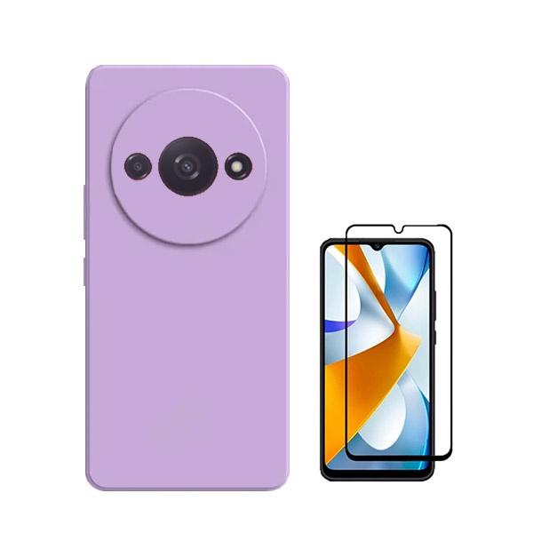 Kit Vidro Premium Full Cover + Capa Silicone Líquido para Xiaomi Redmi A3 - Roxo