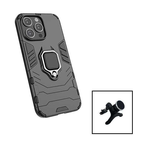 Kit Suporte Magnético de Carro Reforçado + Capa 3X1 Military Defender para Apple iPhone 15 - Preto