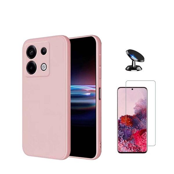 Kit Vidro Clearglass + Capa Silicone Líquido + Suporte Magnético de Carro para Xiaomi Poco X6 5G - Rosa