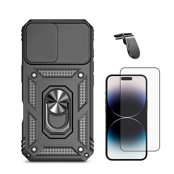 Kit Vidro Premium Full Cover + Capa Magnetic Military Defender Slide + Suporte Magnético L Safe Driving Carro para Apple iPhone 16 - Preto