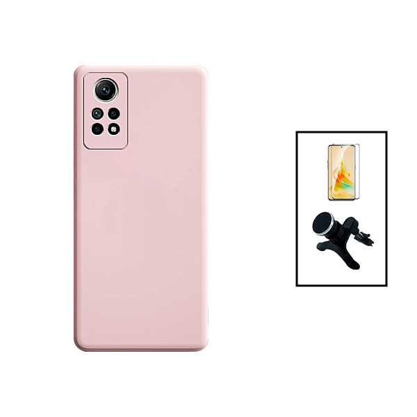 Kit Vidro Premium Full Cover + Capa Silicone Líquido + Suporte Magnético de Carro Reforçado para Xiaomi Redmi Note 12 Pro 4G - Rosa