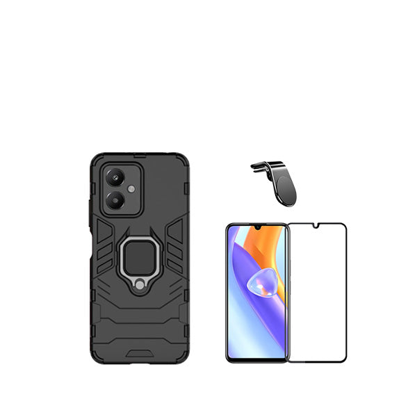 Kit Vidro Premium Full Cover + Capa 3X1 Military Defender + Suporte Magnético L Safe Driving Carro para Xiaomi Redmi 13C 5G - Preto