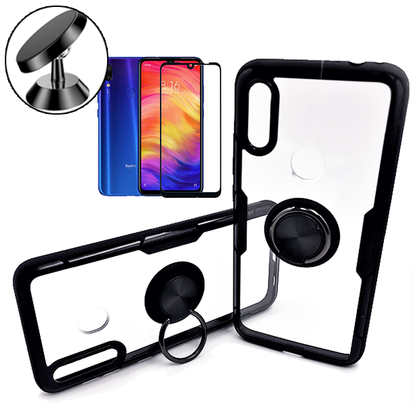 Kit Capa 3x1 Clear Armor + Vidro Premium Full Cover + Suporte Magnético de Carro para Xiaomi Redmi Note 7