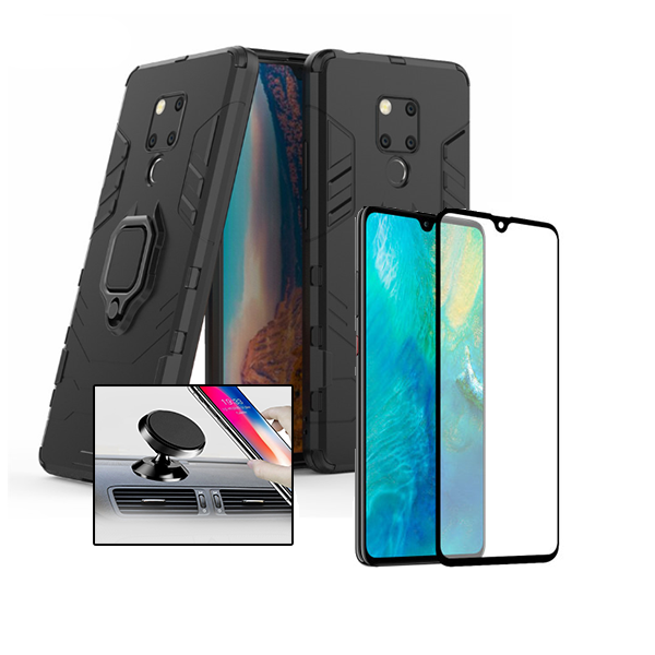 Kit Vidro Premium Full Cover + Capa 3X1 Military Defender + Suporte Magnético de Carro para Huawei Mate 20