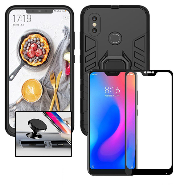 Kit Vidro Premium Full Cover + Capa 3X1 Military Defender + Suporte Magnético de Carro para Xiaomi Mi A2