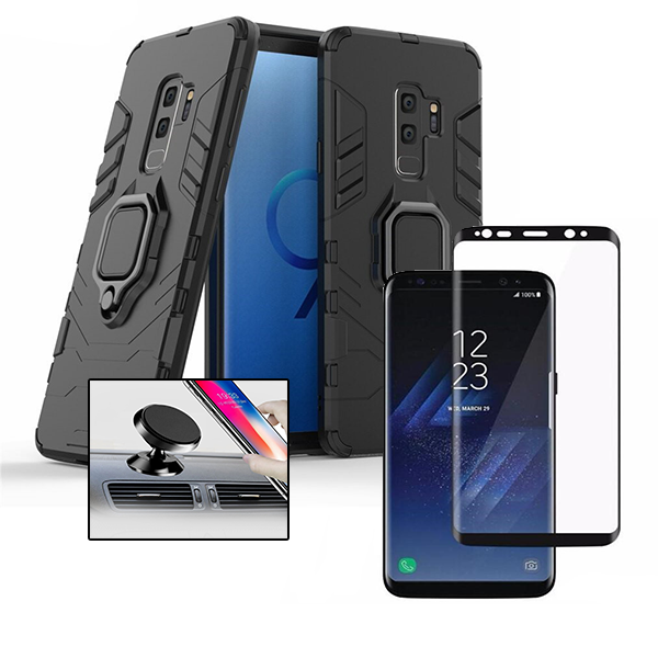 Kit Vidro Premium Full Cover + Capa 3X1 Military Defender + Suporte Magnético de Carro para Samsung Galaxy S9