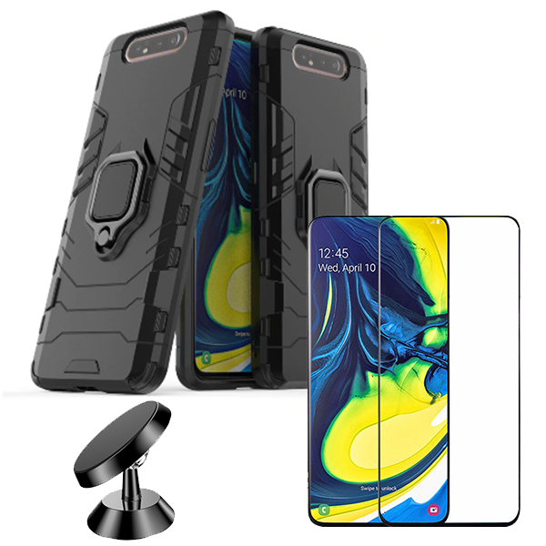 Kit Vidro Premium Full Cover + Capa 3X1 Military Defender + Suporte Magnético de Carro para Samsung Galaxy A80