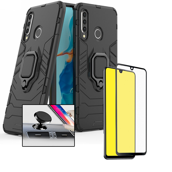 Kit Vidro Premium Full Cover + Capa 3X1 Military Defender + Suporte Magnético de Carro para Huawei P30 Lite