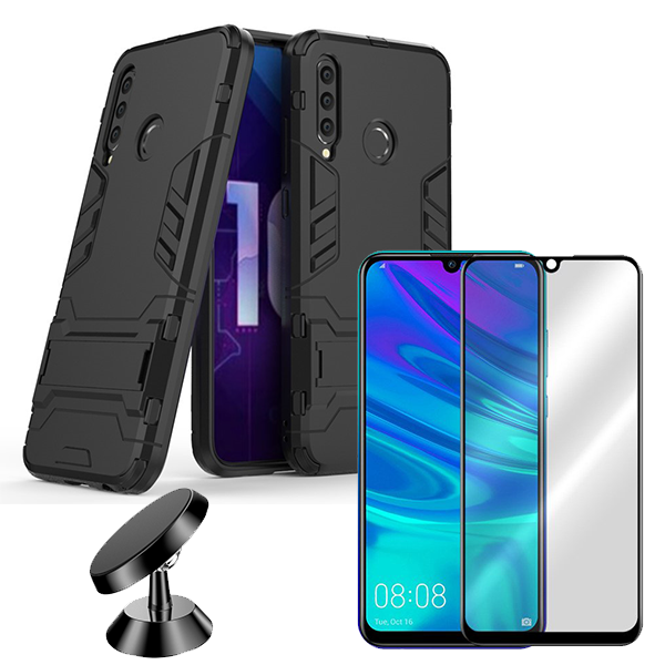 Kit Vidro Premium Full Cover + Capa 3X1 Military Defender + Suporte Magnético de Carro para Huawei Honor 20e