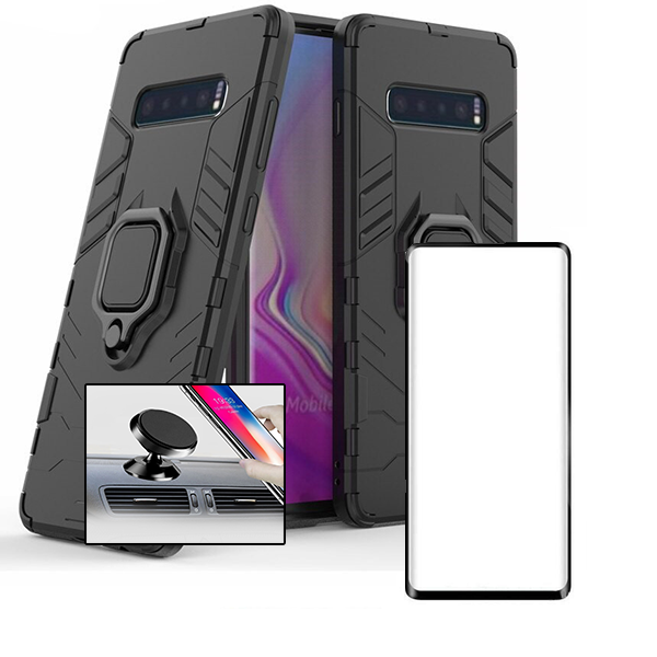 Kit Vidro Premium Full Cover + Capa 3X1 Military Defender + Suporte Magnético de Carro para Samsung Galaxy S10 Plus