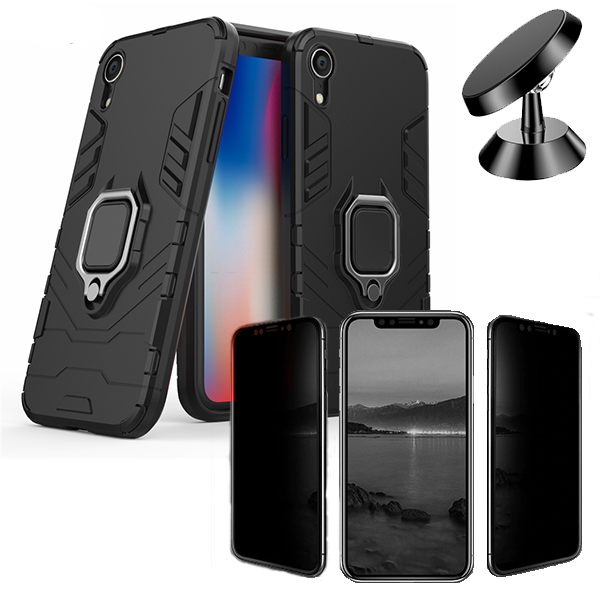 Kit Película 5D Anti-Spy + Capa 3X1 Military Defender + Suporte Magnético de Carro para Apple iPhone XR