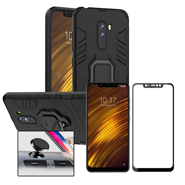 Kit Vidro Premium Full Cover + Capa 3X1 Military Defender + Suporte Magnético de Carro para Xiaomi Pocophone F1