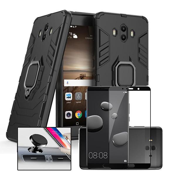 Kit Vidro Premium Full Cover + Capa 3X1 Military Defender + Suporte Magnético de Carro para Huawei Mate 10