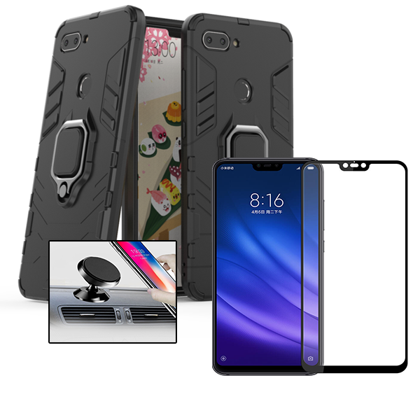Kit Vidro Premium Full Cover + Capa 3X1 Military Defender + Suporte Magnético de Carro para Xiaomi Mi 8 Lite