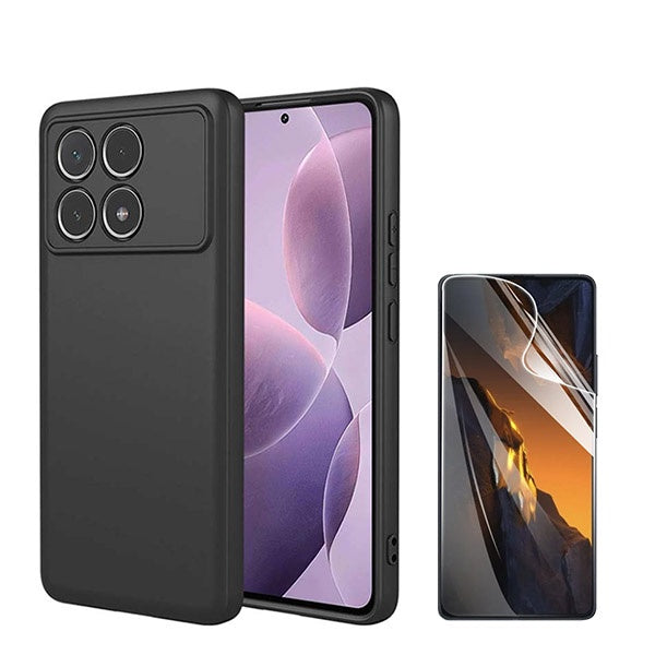 Kit Película Hydrogel Full Cover Frente + Capa Silicone Líquido para Xiaomi Poco F6 Pro - Preto