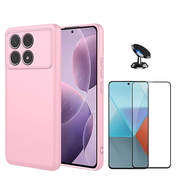 Kit Vidro Premium Full Cover + Capa Silicone Líquido + Suporte Magnético de Carro para Xiaomi Poco F6 Pro - Rosa