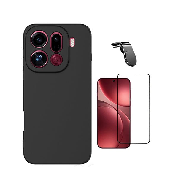 Kit Vidro Temperado + Capa Silicone Líquido + Suporte L PHONECARE Para Oppo Find X9 Pro - Preto