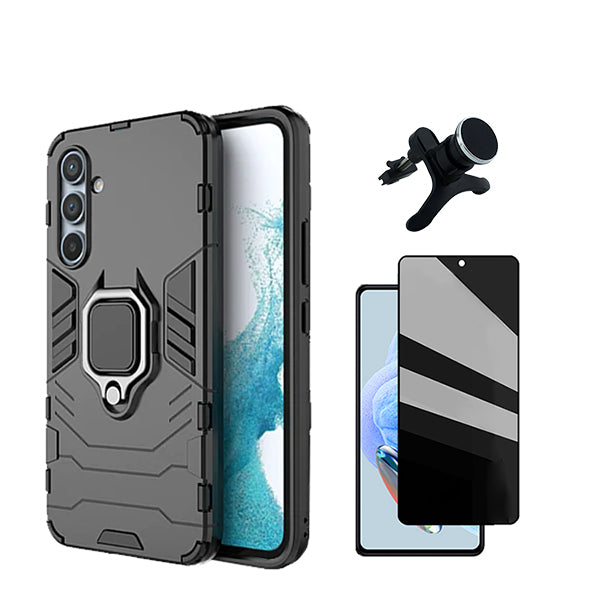 Kit Película 5D Anti-Spy + Capa 3X1 Military Defender + Suporte Magnético de Carro Reforçado para Samsung Galaxy S23 FE - Preto