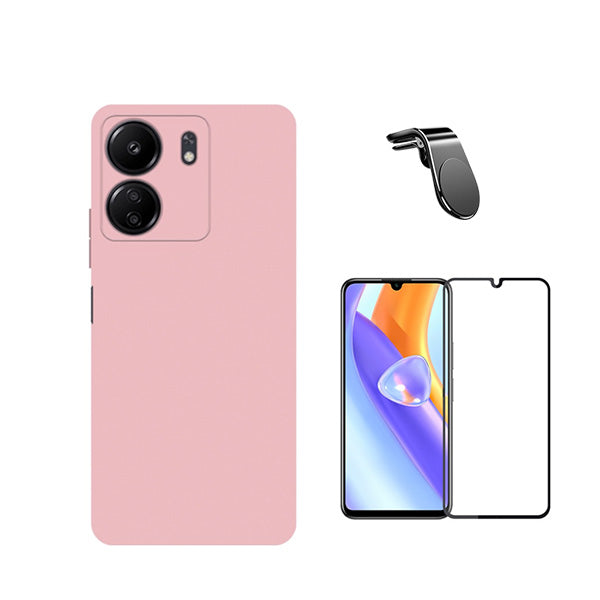Kit Vidro Premium Full Cover + Capa Silicone Líquido + Suporte Magnético L Safe Driving Carro para Xiaomi Redmi 13C - Rosa