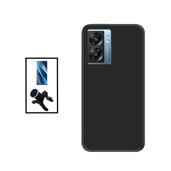 Kit Película Hydrogel Full Cover Frente + Capa Silicone Líquido + Suporte Magnético de Carro Reforçado para Oppo A57 - Preto