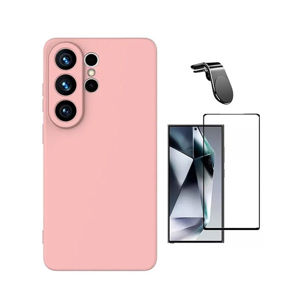 Kit Vidro Temperado + Capa Silicone Líquido + Suporte L PHONECARE Para Samsung Galaxy S26 Ultra - Rosa