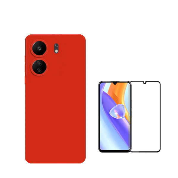 Kit Vidro Premium Full Cover + Capa Silicone Líquido para Xiaomi Redmi 13C - Vermelho