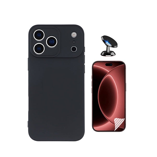 Kit Película Hydrogel Frente + Capa Silicone Líquido + Suporte Magnético PHONECARE Para Apple iPhone 18 Pro - Preto