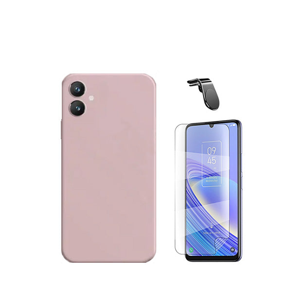 Kit Película Hydrogel Full Cover Frente + Capa Silicone Líquido + Suporte Magnético L Safe Driving Carro para Samsung Galaxy A05 - Rosa