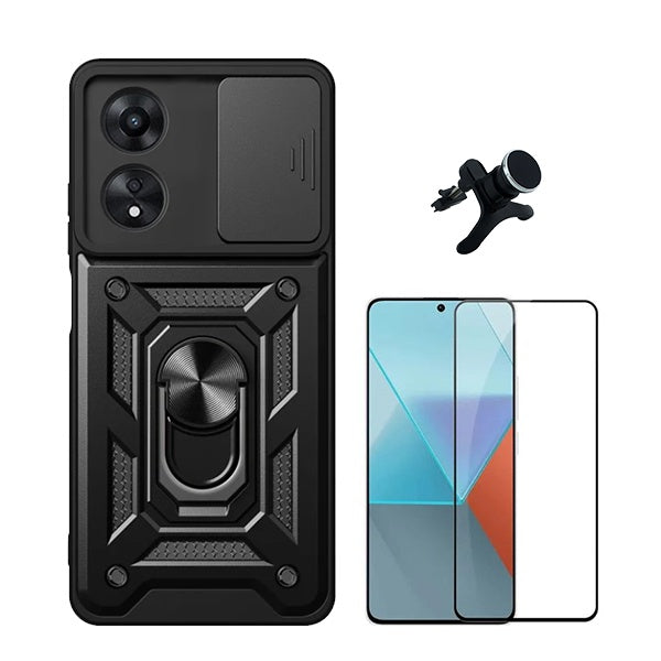 Kit Vidro Premium Full Cover + Capa Magnetic Military Defender Slide + Suporte Magnético de Carro Reforçado para Oppo A60 - Preto