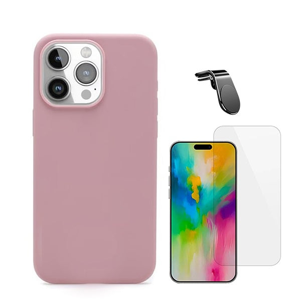 Kit Vidro Clearglass + Capa Silicone Líquido + Suporte Magnético L Safe Driving para Apple iPhone 16 Pro - Rosa