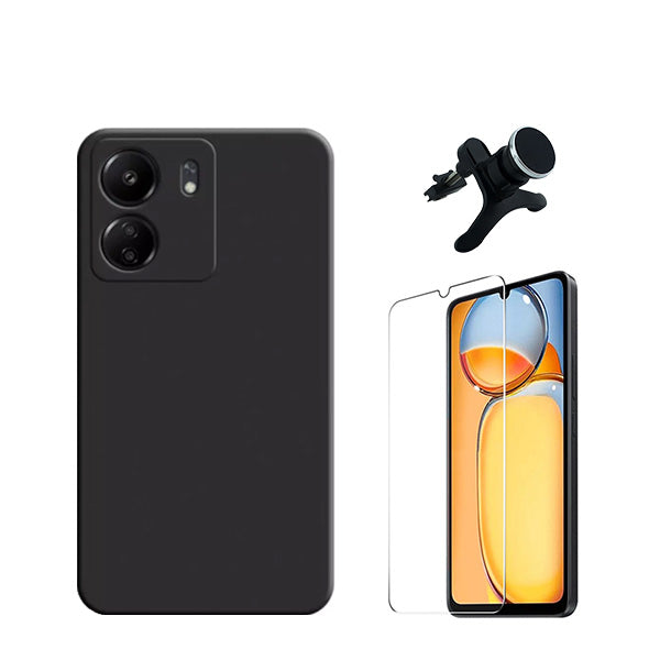 Kit Vidro Clearglass + Capa Silicone Líquido + Suporte Magnético de Carro Reforçado para Xiaomi Redmi 13C - Preto