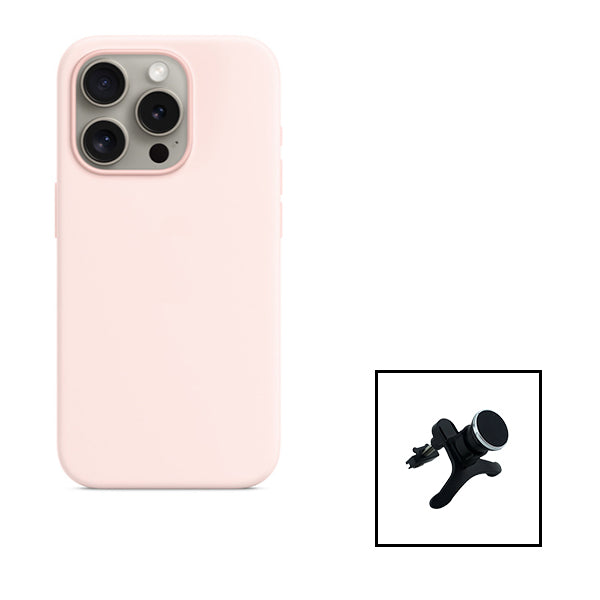 Kit Suporte Magnético Reforçado de Carro + Capa Silicone Líquido para Apple iPhone 15 Pro Max - Rosa