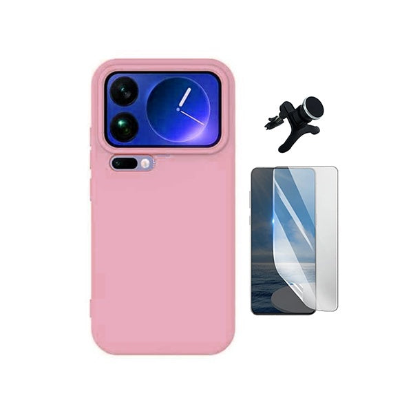 Kit Película Hydrogel Frente + Capa Silicone Líquido +  Suporte Reforçado PHONECARE Para Xiaomi 17 Pro 5G - Rosa