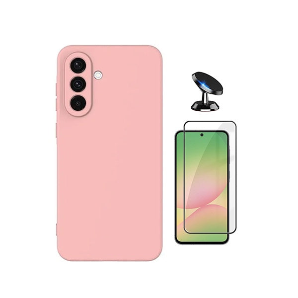 Kit Vidro Temperado + Capa Silicone Líquido + Suporte Magnético PHONECARE Para Samsung Galaxy A57 5G - Rosa