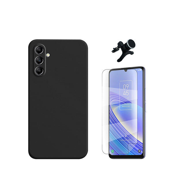 Kit Película Hydrogel Full Cover Frente + Capa Silicone Líquido + Suporte Magnético de Carro Reforçado para Samsung Galaxy A15 5G - Preto