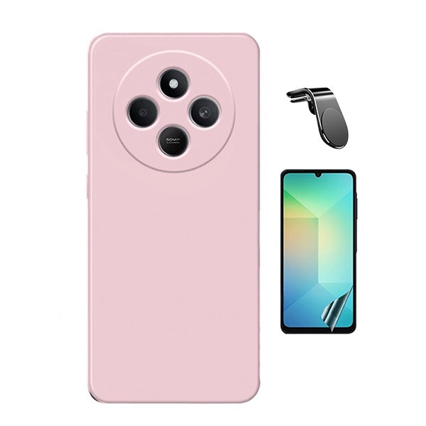 Kit Película Hydrogel Frente + Capa Silicone Líquido + Suporte L Para Xiaomi Redmi 14R - Rosa